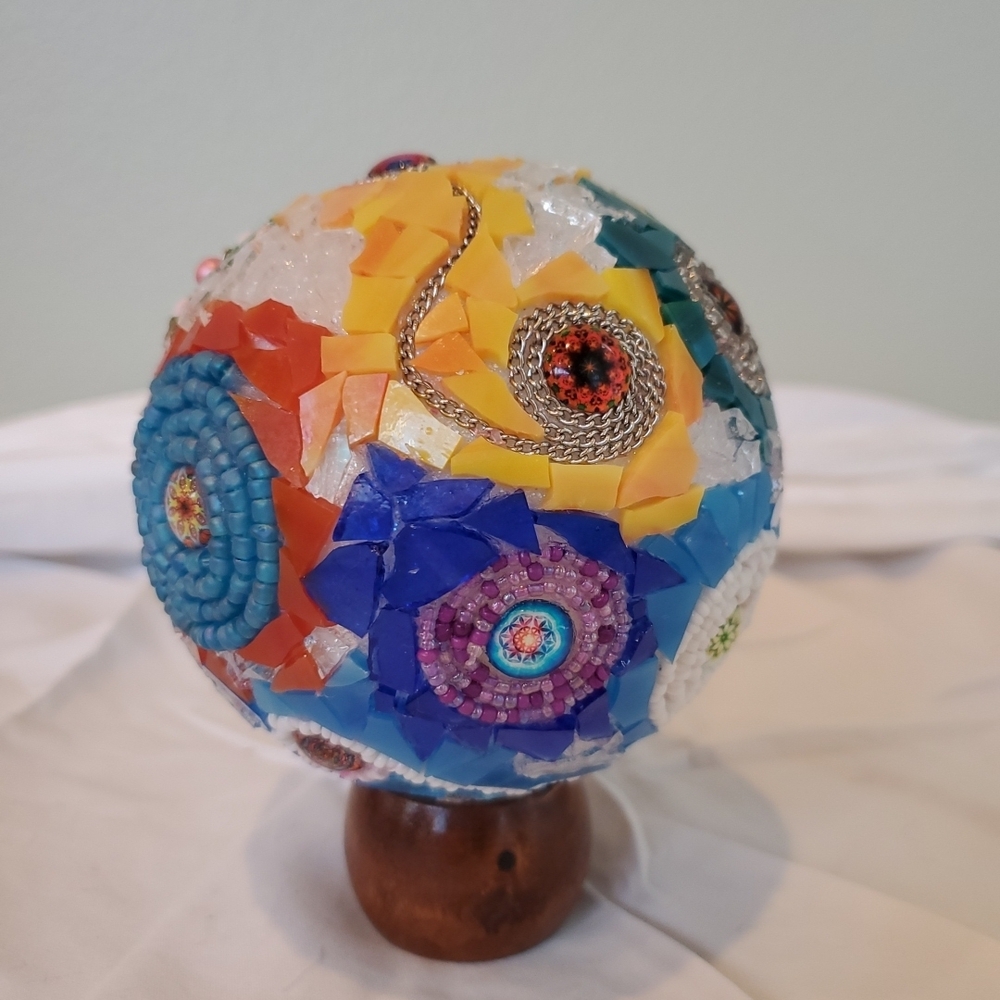 Colorful Mosaic Art Sphere Made With Beads, Tile, Glass And Trinkets